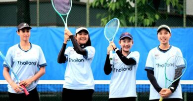 5 นักหวดสาวซอฟท์เทนนิสทีมชาติไทย ชุดลุยศึกเอเชี่ยนเกมส์ที่เมืองนาโงย่า ประเทศญี่ปุ่น ซ้อมเข้ม นางอุดมลักษณ์ ศิริกุลเลิศรัฐ นายกสมาคมกีฬาซอฟท์เทนนิสแห่งประเทศไทย หวังลุ้นเหรียญรางวัลฝากแฟนกีฬาชาวไทย